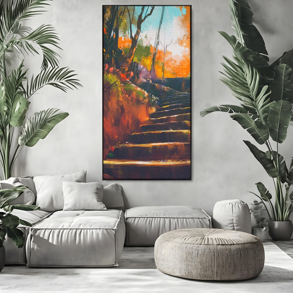 Tablou canvas cu tablou canvas cu scari de toamna, in rama de aluminiu negru, pe perete intr-un living